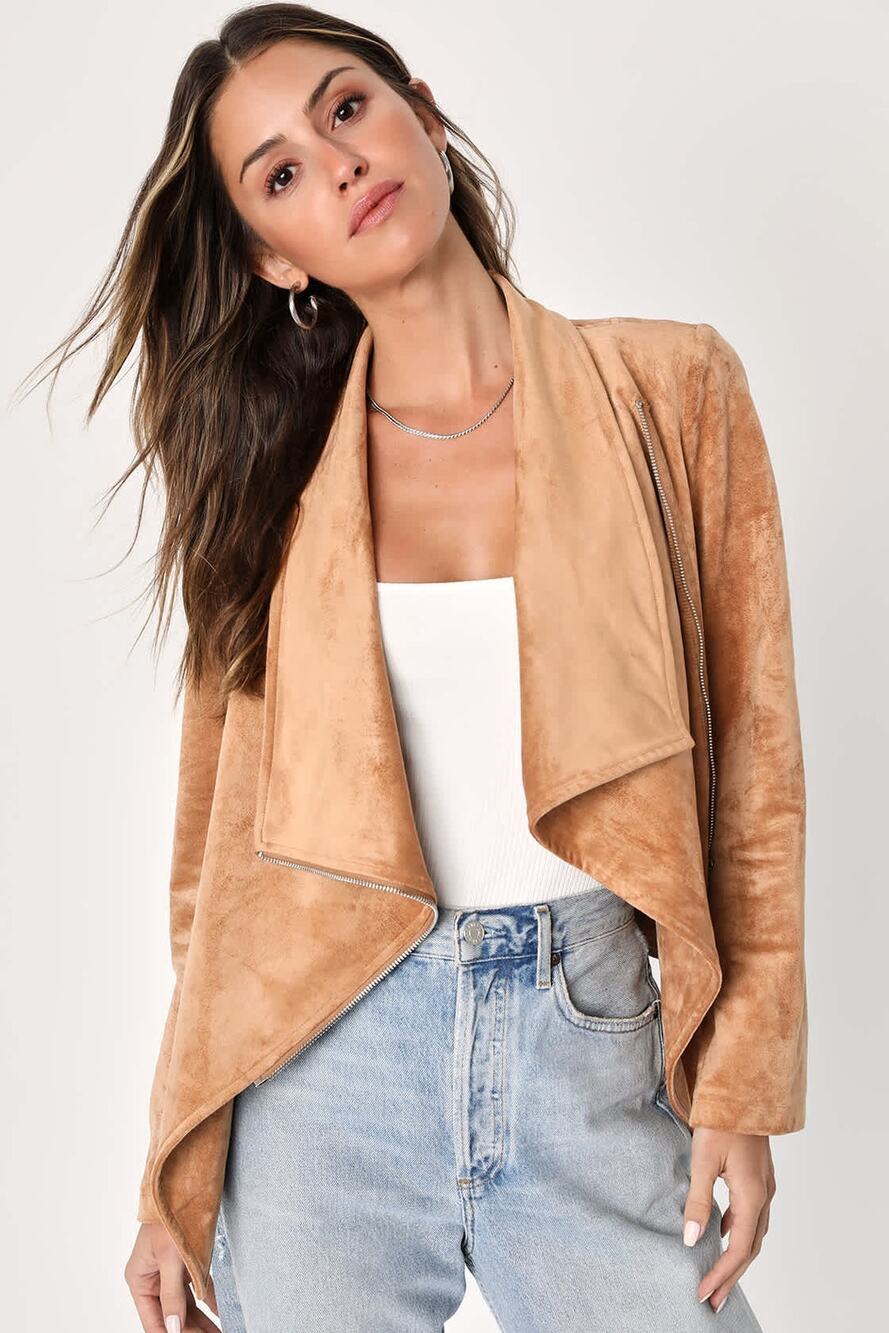 Lulus Wild at Heart Tan Vegan Suede Moto Jacket XS NWT